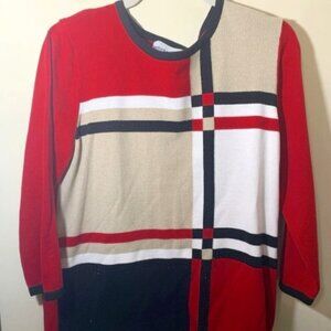 Alfred Dunner Sparkly Sweater Top Red White Black Tan Geometroc